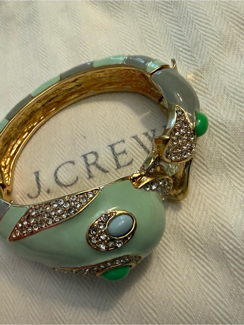 J.Crew Vintage Mint Green Crystal Enamel & Rhine Dolphin Hinged Bangle Bracelet